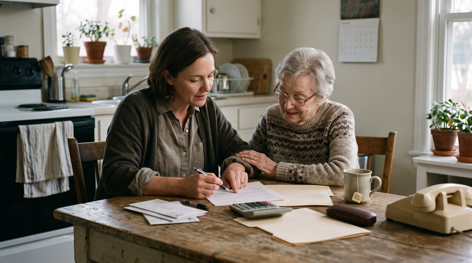 A daughter and her mother working through forms together at a kitchen table