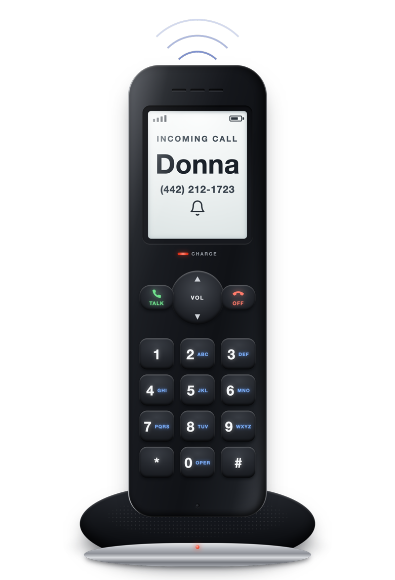 A cordless home phone ringing in its charging base, with the caller ID showing Donna