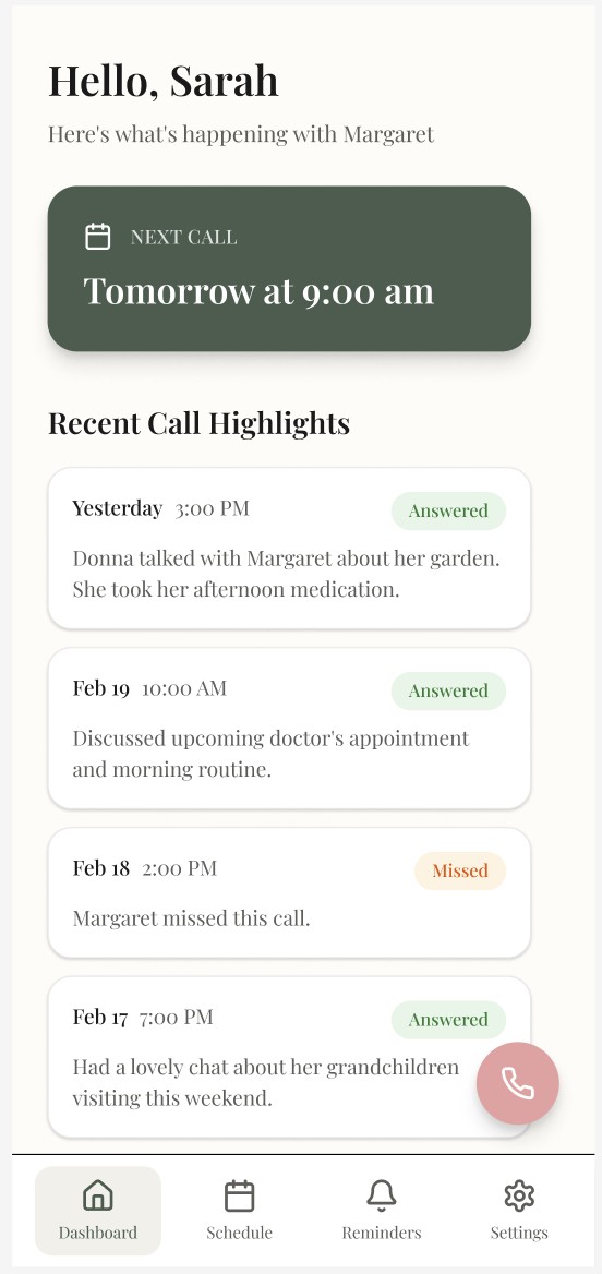 Donna app dashboard showing call history and next scheduled call