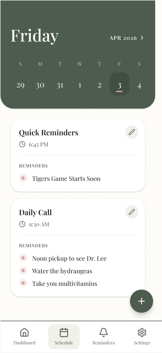 Donna app schedule screen showing daily calls and reminders
